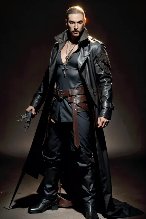 Demon hunter, Full body like, Diablo style, male people, Vintage magic，Vintage trench coat，leather clothes，Trench coat with lapels， metal decoration，Armed with a short gun，Glow magic pistol, hyper HD, Masterpiece, Textured skin, Anatomically correct, Best ...