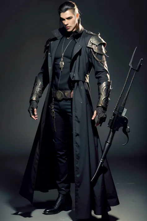 Demon hunter, Full body like, Diablo style, male people, Vintage magic，Vintage trench coat，Trench coat with lapels， metal decoration，With a pistol in hand，Magic pistol, hyper HD, Masterpiece, Textured skin, Anatomically correct, Best quality