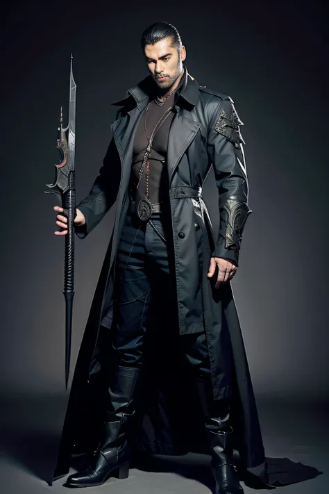 Demon hunter, Full body like, Diablo style, male people, Vintage magic，Vintage trench coat，Trench coat with lapels， metal decoration，With a pistol in hand，Magic pistol, hyper HD, Masterpiece, Textured skin, Anatomically correct, Best quality