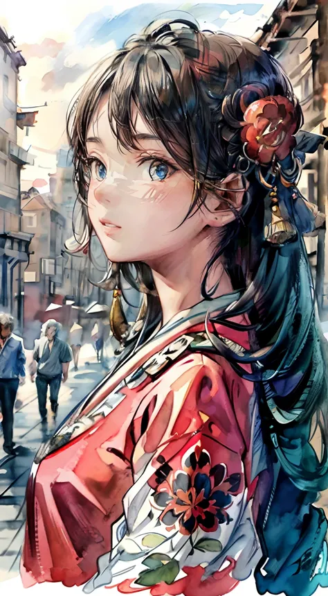 (masterpiece:1.2, best quality), (very detailed face, real picture, realistic skin, realistic body, intricate details), (ink splashing),color splashing,solo, 1milf, casual,ukiyo-e, (Watercolor:1.3), Oiran,