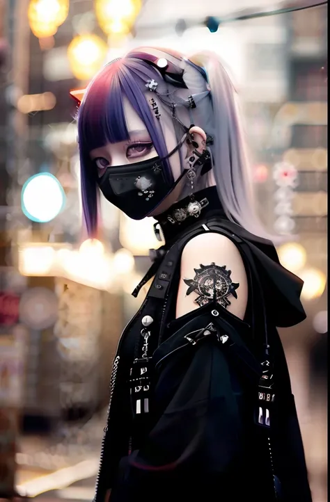 Red-haired、goth_punk, 1girl in, 独奏, medium shot, Walking in Harajuku, ((during night)), bokeh dof, Neon light, Iridescent eyes, starrysky, Red glowing hair, White eyebrows, Radiant hair, (iridescent white hair), 耳Nipple Ring, bangss, jewely, masks, bluntba...