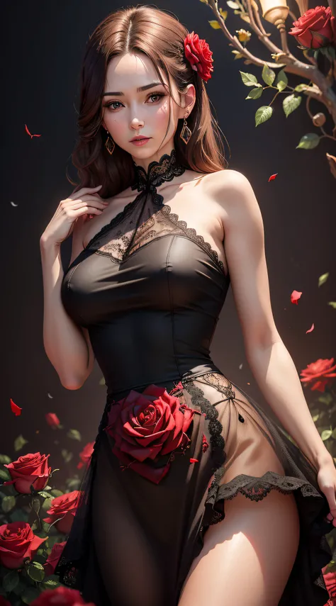 8k, RAW photo, Fujifilm, style photo of a beautiful 45 year old woman, square face, a red rose on the neck, wearing black lace dress with red, golden earrings, strong features like a spinning dove, (highly detailed skin: 1.2), medium brown hair with lights...