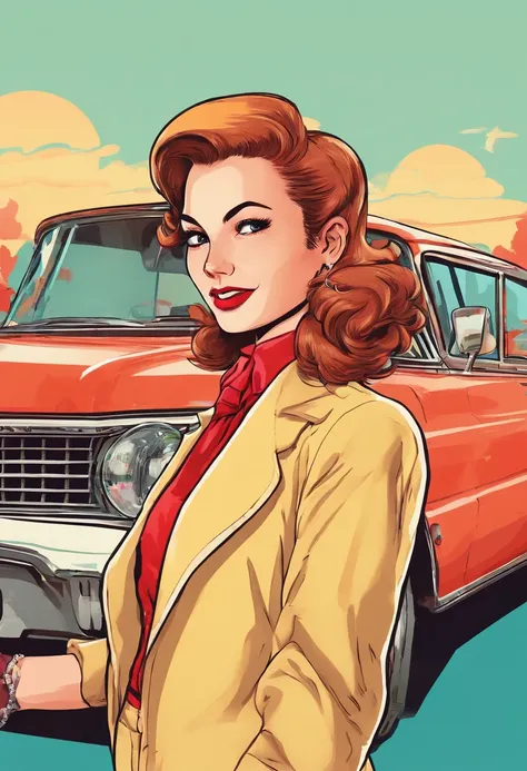 masterpiece, best picture, pop art style, pulp, break, a 22 year old woman, dressed in retro style, looking friendly at the viewer, as if inviting her to buy, polite clothes, break, plain white background, best angle, best view