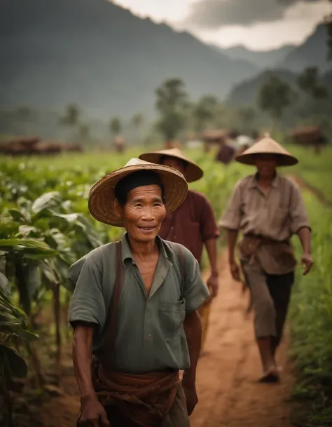 farmers in laos with a harvet season, mountain, cloudy,no hat, they happy with their simple life, some thing flying behind them, good weather and good moment, soft lightning