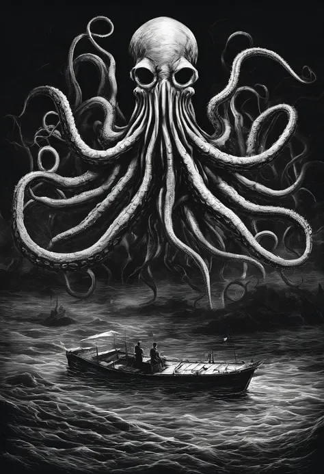 Cthulhu aliens，Cthulhu，Very strange，Octopus tentacles，Octopus head man，Full body like，In the ocean，The sailboat was caught by tentacles，Ocean vortex，of a real，Dark style，depth of fields，high light，Real light，Ray traching，oc rendered，Hyper-realistic，best qu...