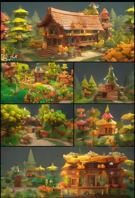 Game scene design，Game architecture design，cartoonish style，Craft clay style，ultra - detailed,Best quality，tmasterpiece，the trees， grassy fields，Floor tiles，massif，chests，rios，casual game style，3D。