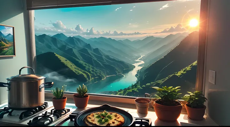 ((best quality+masterpiece)),Extreme clarity,Green Mountains and Green Water,The sun has just risen,Small animals in the yard,Cheerful and playful little ones,Small apartment decoration,Cooking smoke, Happy and warm,Life is good.