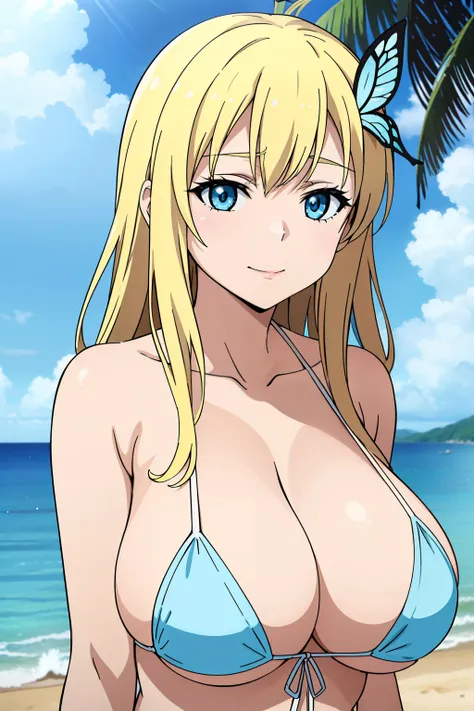 seina kashiwazaki, 1girl in, a blond, butterfly hair ornament, soft smile, (huge breast), light blue micro bikini, (upper body:1...