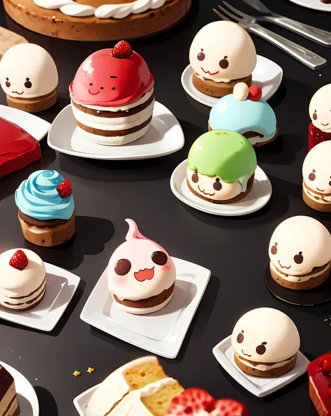 (Cake in the shape of a chibi character), Lots of chibi characters, On the table,