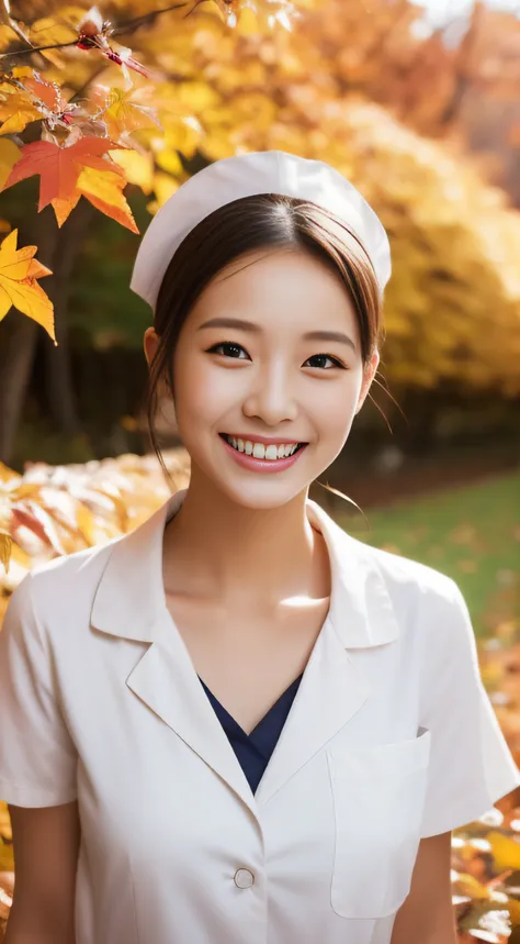 Hostess、White nurse uniform、hiquality、A hyper-realistic、healthy、Smiling expression、Slender perfect figure、Japan beauties、beautidful eyes、face perfect、Beautiful skin、Autumn leaves in the background