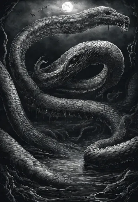 Huge monsters in the deep sea，Huge snake，with a huge mouth open，A submarine，A giant snake in the deep sea，Bite into the submarine，The contrast is evident in the dark style，depth of fields，high light