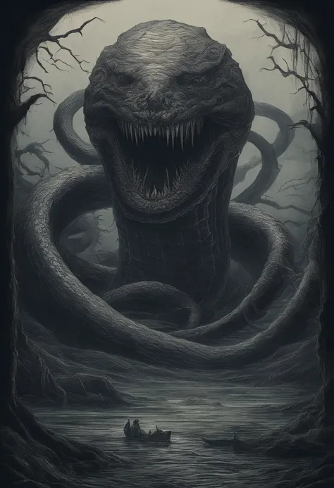 Huge monsters in the deep sea，Huge snake，with a huge mouth open，A submarine，A giant snake in the deep sea，Bite into the submarine，The contrast is evident in the dark style，depth of fields，high light