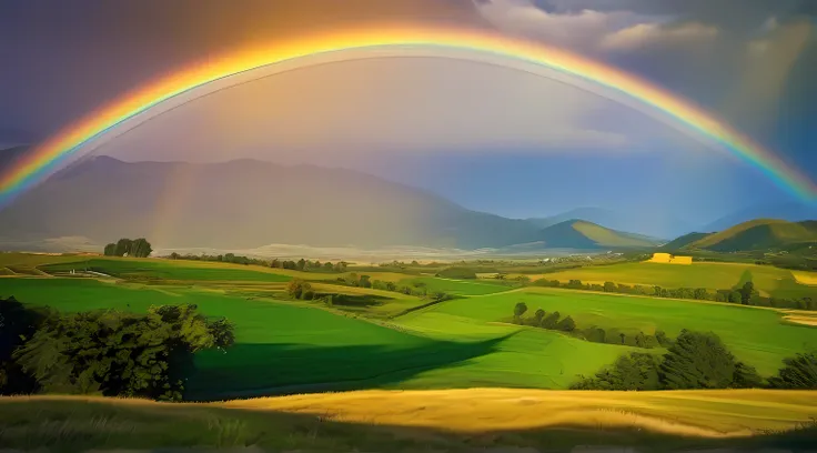 European steppe、Mountains in the distance、Grassland hills overlooking the Alps、A hill with a big rainbow、rainbows、Meadow hill after rain、blue-sky、​​clouds、Double Caught Rainbow、Pasture、