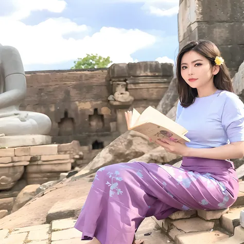 araffe woman sitting on a stone ledge reading a book, at an ancient city, sukhothai costume, temples behind her, sitting on temple stairs, in front of a temple, ancient ruins behind her, in ancient city ruins, clothed in ancient street wear, anime thai gir...