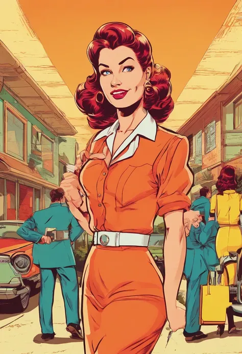 masterpiece, best picture, pop art culture style, pulp style , break, a 20 year old woman, standing, wearing casual dress, as a property agent, in retro style, looking friendly at the viewer, her two hande eksplained as if inviting her to buy, polite cloth...