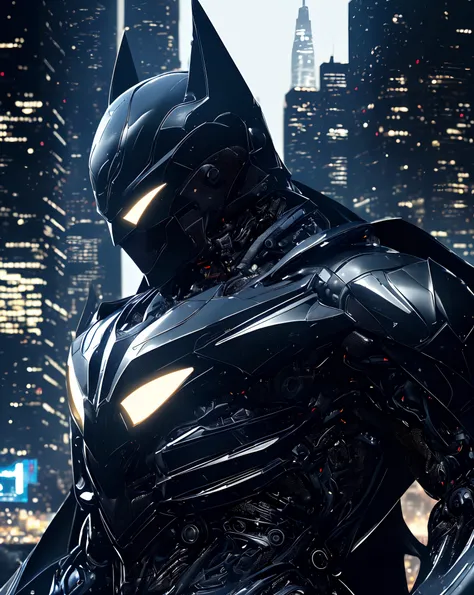 (best quality,highres,masterpiece:1.2),ultra-detailed,realistic,carbon fiber,batman in robotic suit,beautiful detailed eyes and face,strong jawline,red and black,night,cityscape,glowing neon lights,stealthy shadows,menacing atmosphere,heroic stance,powerfu...