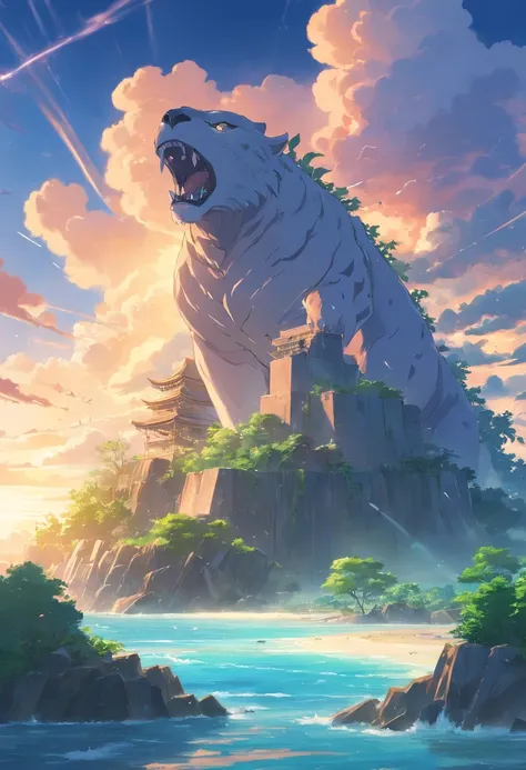 An island formed by the bones of a giant beast，spectacular，A majestic，There are artificial remains on the island，Island ruins，Archipelago background in the distance，Sky thunder and lightning