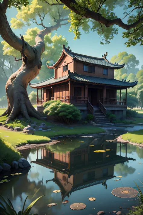 ((masterpiece)), ((best quality)), 8k, high detailed, ultra-detailed, a picturesque scene unfolds in a traditional Chinese countryside. The landscape is dotted with quaint, low-lying earthen houses, surrounded by lush greenery. A serene pond reflects the c...