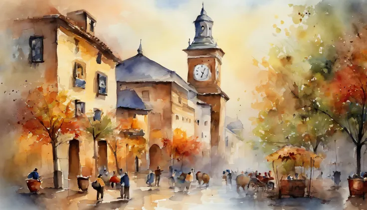 In the square with the clock tower in the center、Celebrating the Harvest Festival、A triangular continuous flag hangs、Watercolor Touch、