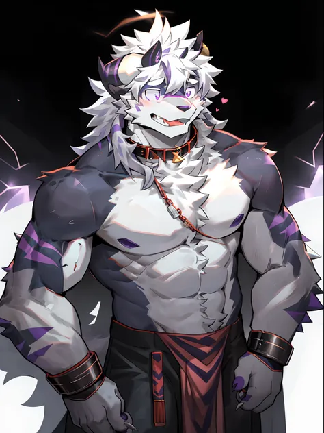 One guy，独奏，Full body like，shaggy male，hairy bodies，Correct anatomy，Detailed double eyes，glowing light eyes，Wearing a naked，Black loincloth，Muscular，long  white hair，drak，adult（thin tall body type），male people，Dragon horns on the head，black-skinned，Purple s...