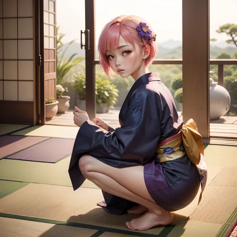 Japanese-style room in the Japan, momohd, phmomo, Solo, 1girl in,  Pink hair, Purple eyes, Short hair, Hair Flower, Wearing a yukata, Big eyes, embarrassed,squat on tatami,bare-legged,