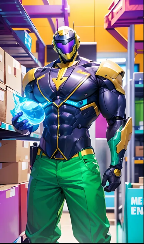 cyborg, robot, male cyborg, muscular male, huge muscle, faceless, yellow helmet covering all of face, cyberpunk style helmet, blue tuxedo outfit, formal, cyborg hands, warehouse background