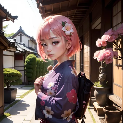 Ryokans in Japan, momohd, phmomo, Solo, 1girl in,  Pink hair, Purple eyes, Short hair, Hair Flower, In a yukata,Kamimei, Big eyes, embarrassed,