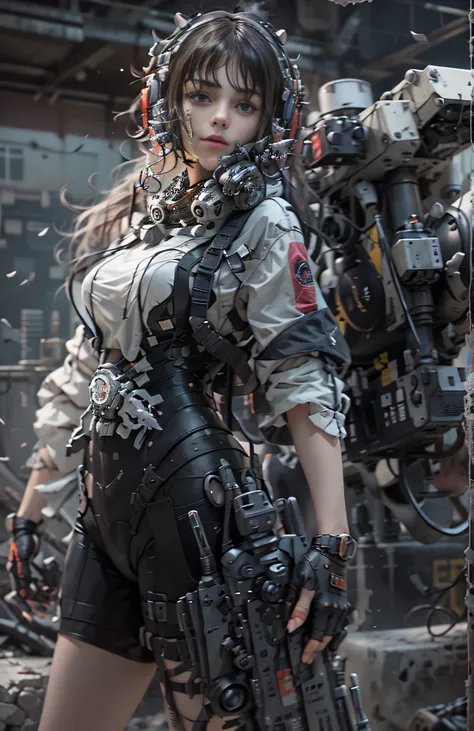 This is a hyper-detail、Ultra-high facial detail，High resolution and top quality CG Unity 8k wallpaper，The style is cyberpunk，Mainly black and red。In the picture, a tall beautiful girl with long white and messy hair appears，s delicate face，Wearing a steam m...