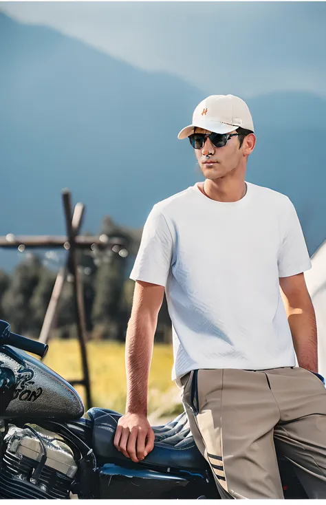 Man in white shirt and khaki pants standing next to a motorcycle, wearing sunglasses and a cap, outlive streetwear collection, casual modern clothing, modern casual clothing, wearing sunglasses and a cap, casual clothing style, man in white t - shirt, life...