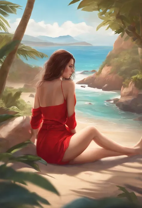 tylee, 1girl, red clothes, full body, sitting, navel, belly, drawing, 2d, cute, cleavage, legs, skinny, sexy, beach, looking away, dutch shot from above