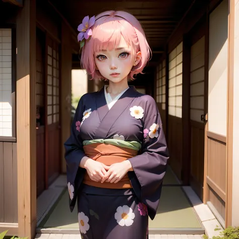 Ryokans in Japan, momohd, phmomo, Solo, 1girl in,  Pink hair, Purple eyes, Short hair, Hair Flower, In a yukata,Kamimei, Big eyes, embarrassed,