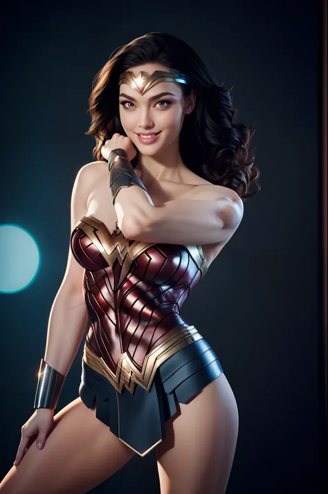 Wonder woman, Portrait photo by Altgarm, realism style, Glowing skin, Cartoon hero, Natural light, Defined lips, Strong physical strength, Feminine body, Full body, viewer, (Smile:1.2), Depth of field f/1.8, studio shot, (((looking in camera))), Camera ori...