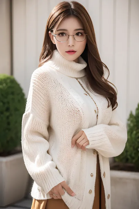 tmasterpiece，E-commerce shooting，Best quality at best，8K，offcial art，cinematric light，超高分辨率，1个Giant Breast Girl，，mature，独奏，jewely，eye glass，a skirt，long whitr hair，looking at viewert，Sweaters，whitesweater，brown  hair，with brown eye，white backgrounid，jaket，...