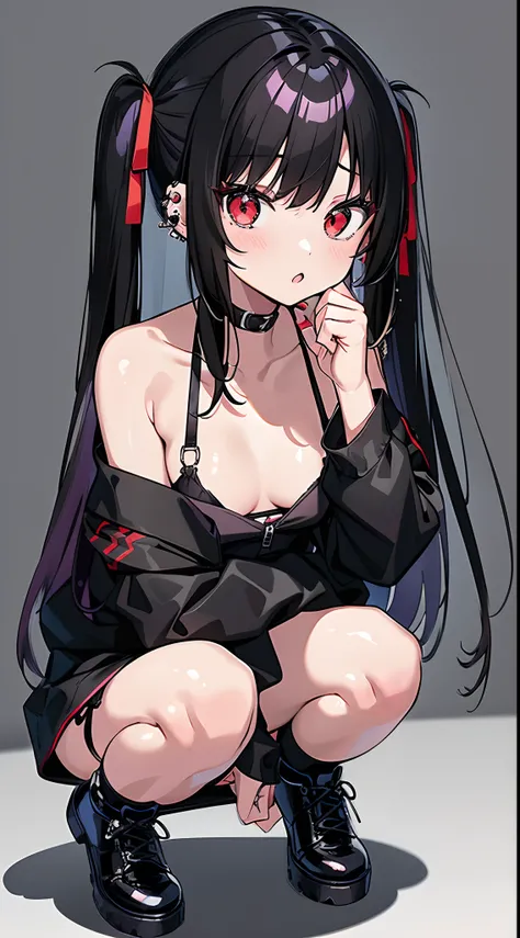 Anime style girl, 1 girl, Solo, Red Eyes, Black hair, Twin-tailed, Hair Ribbon, piercings, Very cute clothes, Off-Shoulder Tops， Black miniskirt,((Black Panties))，Leather shoes, Looking at Viewer，Squatting