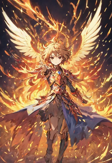 Iggy de Phoenix, 1 Homem, Noite de Phoenix , Anime Zodiac Knight , Anime Seiya, Imagem extravagante, Cavaleiros de Phoenix andando em chamas, The phoenix bird covers its wings behind the knight, Perfect Phoenix Armor