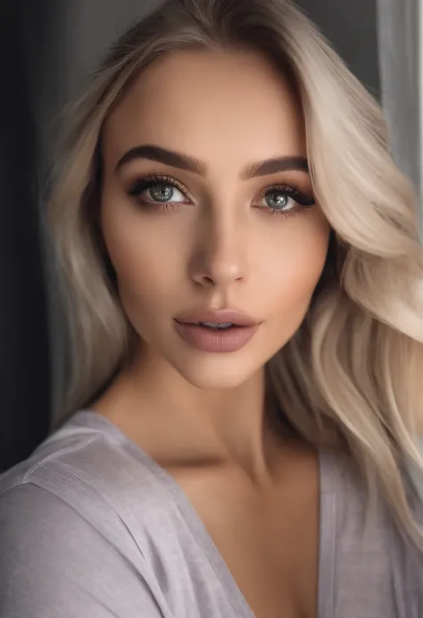 Arafed woman with matching tank top and panties, Sexy girl with brown eyes, portrait sophie mudd, blonde hair and large eyes, Selfie einer jungen Frau, Augen im Schlafzimmer, Violet Myers, ohne Make-up, Natural makeup, Blick direkt in die Kamera, Gesicht m...