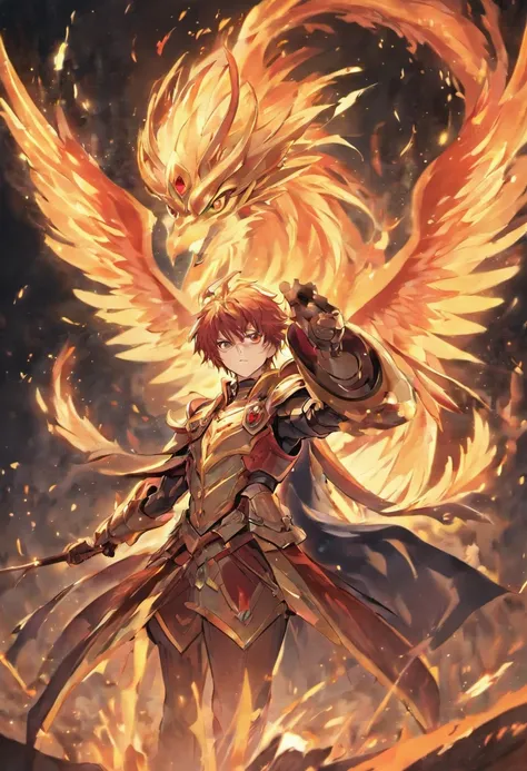 Iggy de Phoenix, 1 Homem, Noite de Phoenix , 25 anos, Anime Zodiac Knight , Anime Seiya, Imagem extravagante, Cavaleiros de Phoenix andando em chamas, The phoenix bird covers its wings behind the knight, Perfect Phoenix Armor