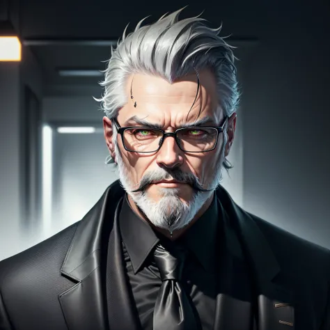 there is one man with greying short hair a beard and a tie in a dark suit, wearing black thick rimmed glasses, epic and classy portrait, portrait of professor sinister, epic character portrait, cyberpunk old man, twitch streamer / gamer ludwig, unreal 5. r...