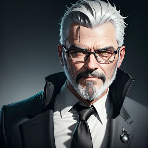 there is one man with greying short hair a beard and a tie in a dark suit, wearing black thick rimmed glasses, epic and classy portrait, portrait of professor sinister, epic character portrait, cyberpunk old man, twitch streamer / gamer ludwig, unreal 5. r...