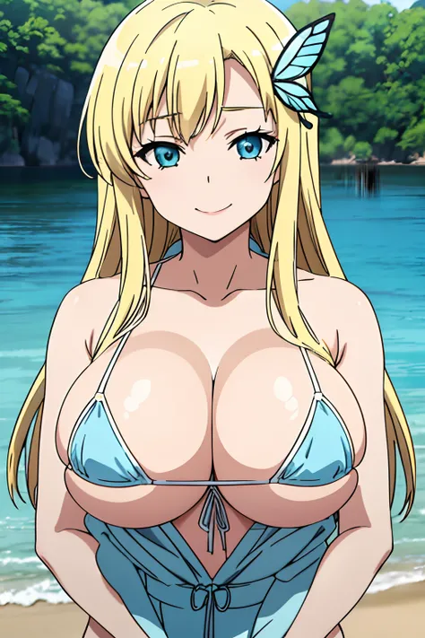 Seina Kashiwazaki, 1girl in, a blond, a smile, butterfly hair ornament, (huge breast), Light blue micro bikini, bulging nipple, Slouched, (upper body:1.5), sea side