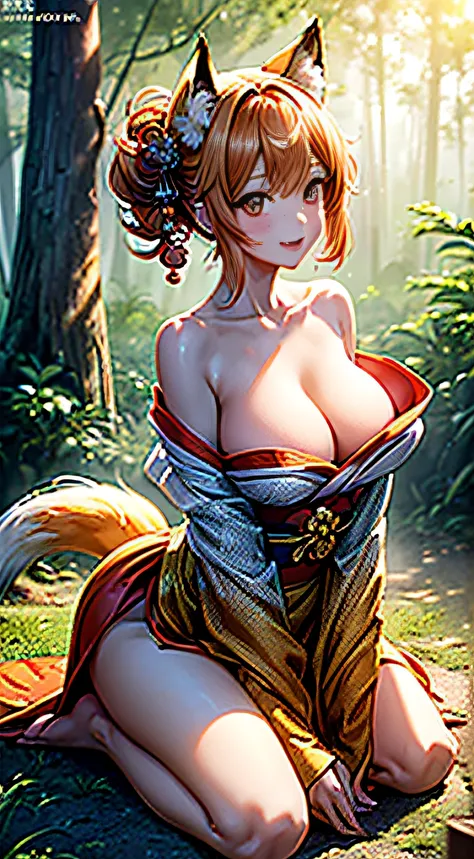 Two-shot photo of a girl and a fox,(Fantasia,Kitsune Yokai Four-Tailed Heavenly Fox,),(Girl and Fox Yokai: The Tale of the Four-Tailed Heavenly Fox),
(With a girl bent down deep in the forest and looking up,Fox Yokai Two-shot movie of a fox protecting a gi...