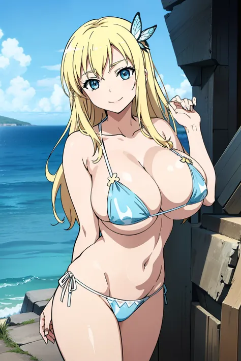 Seina Kashiwazaki, Tin Style, 1girl in, a blond, a smile, butterfly hair ornament, (huge breast), Light blue micro bikini, bulging nipple, Hands behind the head, (cowboy shot:1.5), sea side