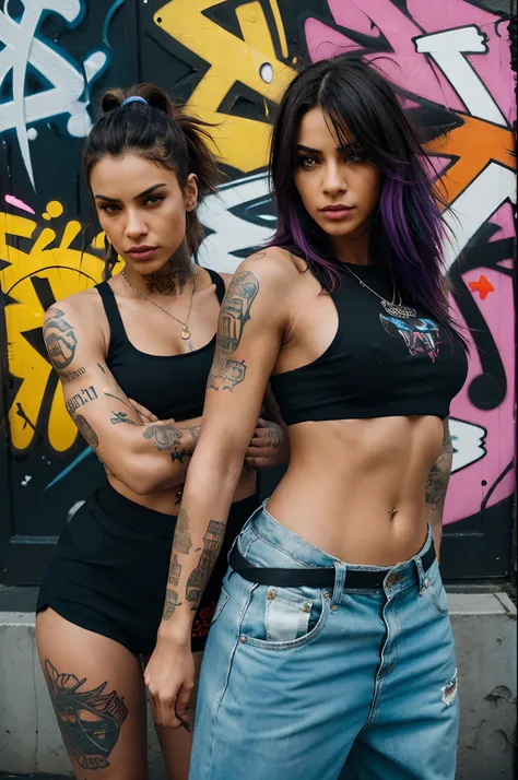 "2 females leaning against each other backs, arms crossed, in baggy saggy tank tops, posing like gangstas homies."

 a detailed and high-quality 

"2 females leaning against each other backs, arms crossed, in baggy saggy tank tops, posing like gangstas hom...