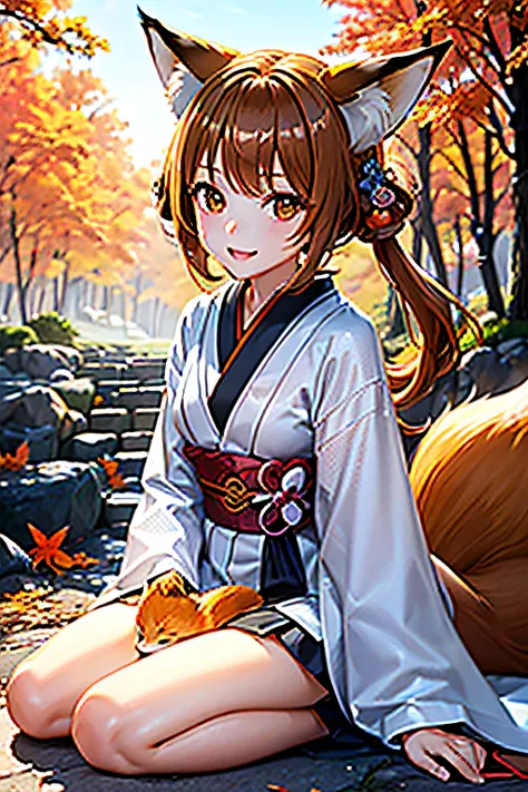 Two-shot photo of a girl and a fox,(Fantasia,Kitsune Yokai Four-Tailed Heavenly Fox,),(Girl and Fox Yokai: The Tale of the Four-Tailed Heavenly Fox),
(With a girl bent down deep in the forest and looking up,Fox Yokai Two-shot movie of a fox protecting a gi...