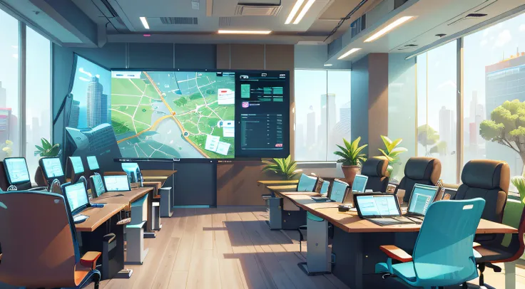 High-tech urban planning center. The meeting room features cutting-edge architecture and futuristic holographic displays. In rows of well-organized maps, data, Push the boundaries of urban design and innovation.