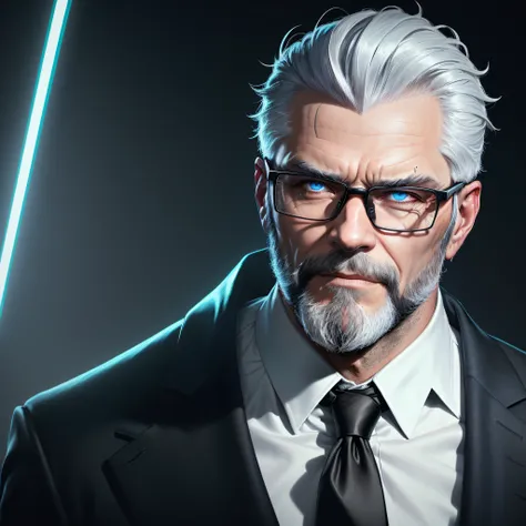 there is one man with greying short hair a beard and a tie in a dark suit no tie , wearing black thick rimmed glasses, light blue eyes, broad shoulders, epic and classy portrait, portrait of professor sinister, epic character portrait, cyberpunk old man, t...