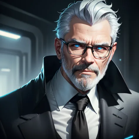 there is one man with greying short hair a beard and a tie in a dark suit no tie , wearing black thick rimmed glasses, light blue eyes, broad shoulders, epic and classy portrait, portrait of professor sinister, epic character portrait, cyberpunk old man, t...