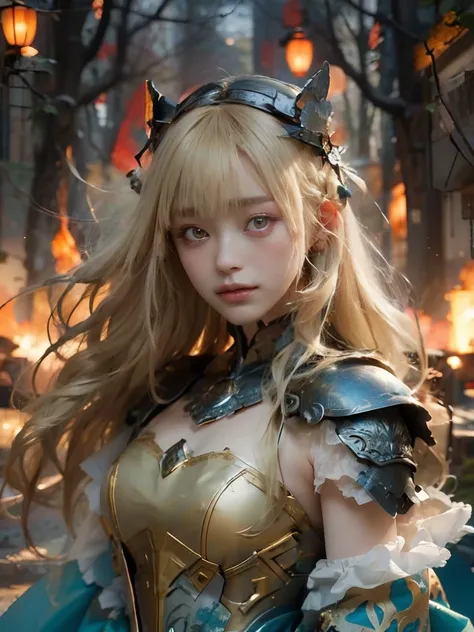 (best quality,8k,photorealistic:1.2), Japanese teenage girl in a fire forest at night, mysterious lighting, armored dress, (detailed skin), (blonde long hair:1.3, short bangs), capturing the essence of a Japanese teenage girl in the night forest mist, ador...