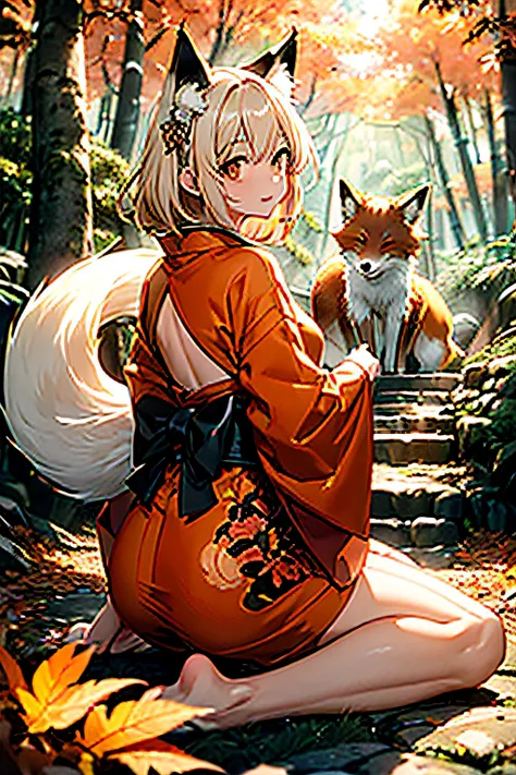 Two-shot photo of a girl and a fox,(Fantasia,Kitsune Yokai Four-Tailed Heavenly Fox,),(Girl and Fox Yokai: The Tale of the Four-Tailed Heavenly Fox),
(With a girl bent down deep in the forest and looking up,Fox Yokai Two-shot movie of a fox protecting a gi...