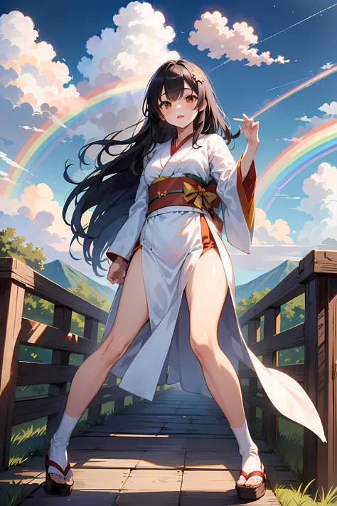 reddish、de cor laranja、yellow、verdant、green grass、blue、A rainbow consisting of seven purple colors、The rainbow is the bridge between heaven and earth, Amaterasu stepped on a rainbow when descending from heaven, Amaterasu、Wearing a white kimono、Draw the fig...